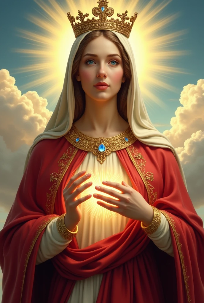 Perfect hand 5 finger, Portrait of a beautiful virgin mary wearing red clothes of queen with the queen crown shining the light from her head and heart all over in the clouds, virgin mary, real blue eyes, sunny day, intricate details.real virgin mary, straight head face, Straight body.Prayer virgin mary, perfect full body, perfect hands finger,Prayer virgin mary, praying virgin mary backgrounds natural photographic