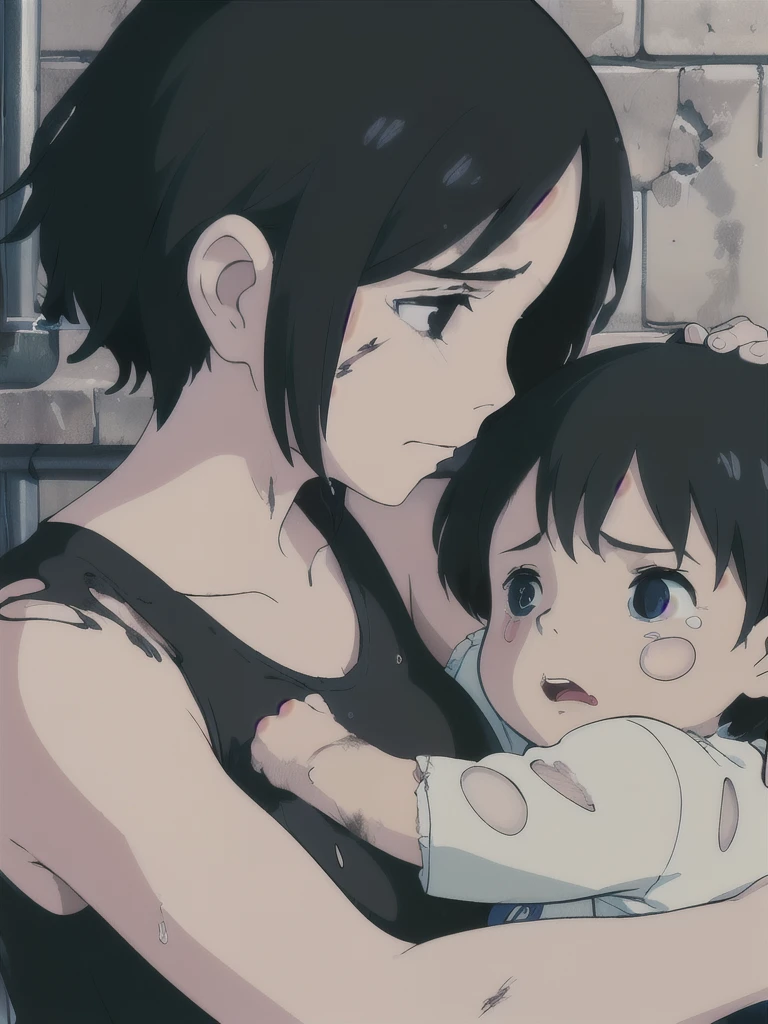 ((Woman and her daughter))　(No makeup)、(be scared:1.4)　((Concrete basement))　Black Background　((Wet and disheveled black hair))　((Close-up))　((Child hugging his busty mother))　、(Depressed:1.6)　((Torn clothes))　Exposed Skin　((Child cuddling with mother))　　((Pale face))　　((Unwashed dirty clothes))　