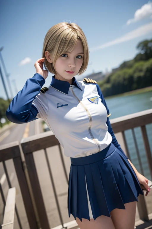 15-year-old girl、Earth Federation Operator Girl Soldier、((Shiny skin 1.5)),((Sweaty 1.3)),((Blonde Short Hair))、Cute like an idol、Childish face and appearance、Accurately drawn face and skirt of Earth Federation uniform))、White and blue uniform、(A uniform that fits your body:1.3)、very 薄い thighs、Inside the bridge of a battleship、Low angle shot、Anatomically correct、Accurate Fingers、Accurate Rimbuster Piece、Photorealization