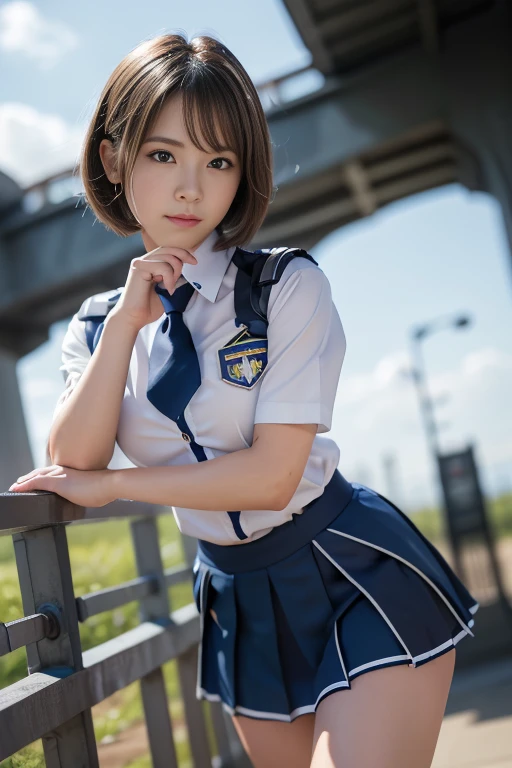 -yeld giEarth Federation Operator Girl Soldier、((Shiny skin 1.5)),((Sweaty 1.3)),((Blonde Short Hair))、Cute like an idol、Childish face and appearance、Accurately drawn face and skirt of Earth Federation uniform))、White and blue uniform、(A uniform that fits your body:1.3)、very 薄い thighs、Inside the bridge of a battleship、Low angle shot、Anatomically correct、Accurate Fingers、Accurate Rimbuster Piece、Photorealization