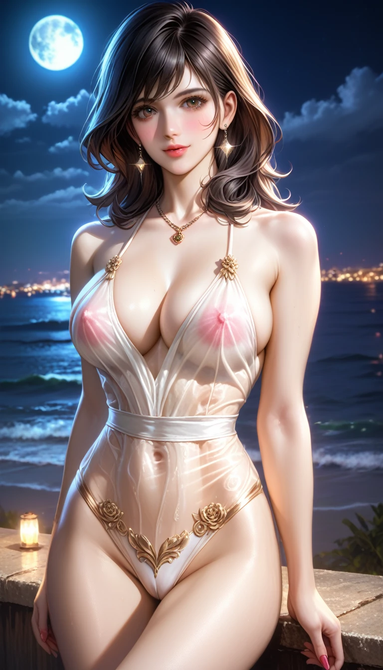 score_9, score_8_superior, score_7_superior, A masterpiece in 32K resolution,Highest quality,it is really amazing,Very detailed,Ultra-high resolution,Ultra-realistic,Realistic,Increased depth of field,Cinematic lighting,
Sexy mature Japan woman,
black straight medium hair,Ultra-detailed and beautiful face,Gentle expression,Translucent white skin,Realistic skin texture,
Elegant swimwear,
Bold design,Artistic design,Beautiful and detailed pattern,Detailed fabric texture,
Gorgeous necklace,Earrings,
Coastline at night,Giant Moon,Dark clouds floating in the dark night sky,
Cinematic Angle,