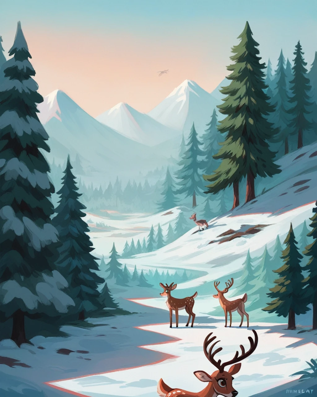 Winter Forest Painting Samsung Frame TV Art, Fir art for TV, Winter landscape with deer,