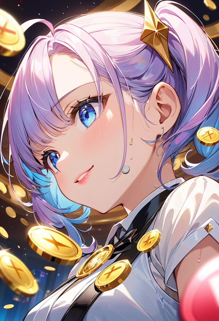 Highest quality、High resolution、Detailed Background、Beautiful face in every detail、Anatomically correct、Detailed facial expressions、fine grain、((Eyes close up, from below:1.8, side shot, looking away:1.2)), break　((One Girl:1.2)、((Chibi Girl:1.2)))、Bright pretty hair color、Big beautiful blue eyes、Fuller lips、Pink Lips、Braided twin tails、Ahoge、(Turning over the last card in poker:1.2)、(Cute formal wear、cute leather shoes)、break　(Extend one arm horizontally、Raise one arm and place your hand above your head、Holding the ace of spades playing card:1.2)、(Poker face:1.2、A small smile:1.2、Sweat on the forehead、Sweat on the chin)、(Casino background:1.2、Many spectators、Coins and bills are flying)