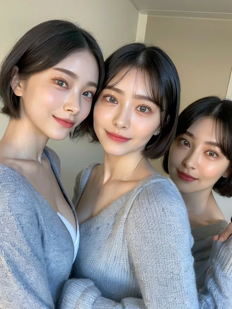 (masterpiece:1.3), (8k, Photoreal, Raw photo, best image quality: 1.4), Japanese high school girl、(random hairstyle:1.2)、cleavage:1.5、super detail face、eye for details、double eyelid、chest to chest、sharp focus:1.2、Beautiful woman:1.4、light brown hair、highest quality、masterpiece、超A high resolution、(Photoreal:1.4)、Highly detailed and professionally lit smiles、loose and light knitwear、shoulder out、thin、serious expression、short haired、deadly position
similar identical twins
All the girls have the exact same face, The two have the same face and figure, as if they were mirror images.