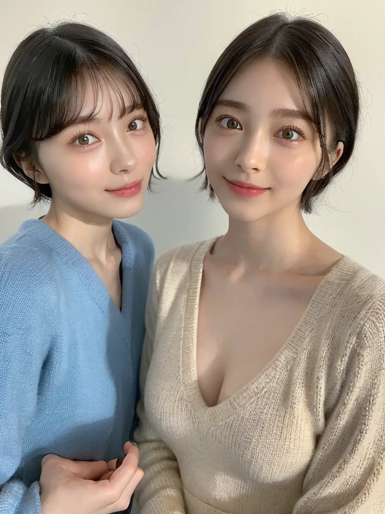 (masterpiece:1.3), (8k, Photoreal, Raw photo, best image quality: 1.4), Japanese high school girl、(random hairstyle:1.2)、cleavage:1.5、super detail face、eye for details、double eyelid、chest to chest、sharp focus:1.2、Beautiful woman:1.4、light brown hair、highest quality、masterpiece、超A high resolution、(Photoreal:1.4)、Highly detailed and professionally lit smiles、loose and light knitwear、shoulder out、thin、serious expression、short haired、deadly position
similar identical twins
All the girls have the exact same face, The two have the same face and figure, as if they were mirror images.