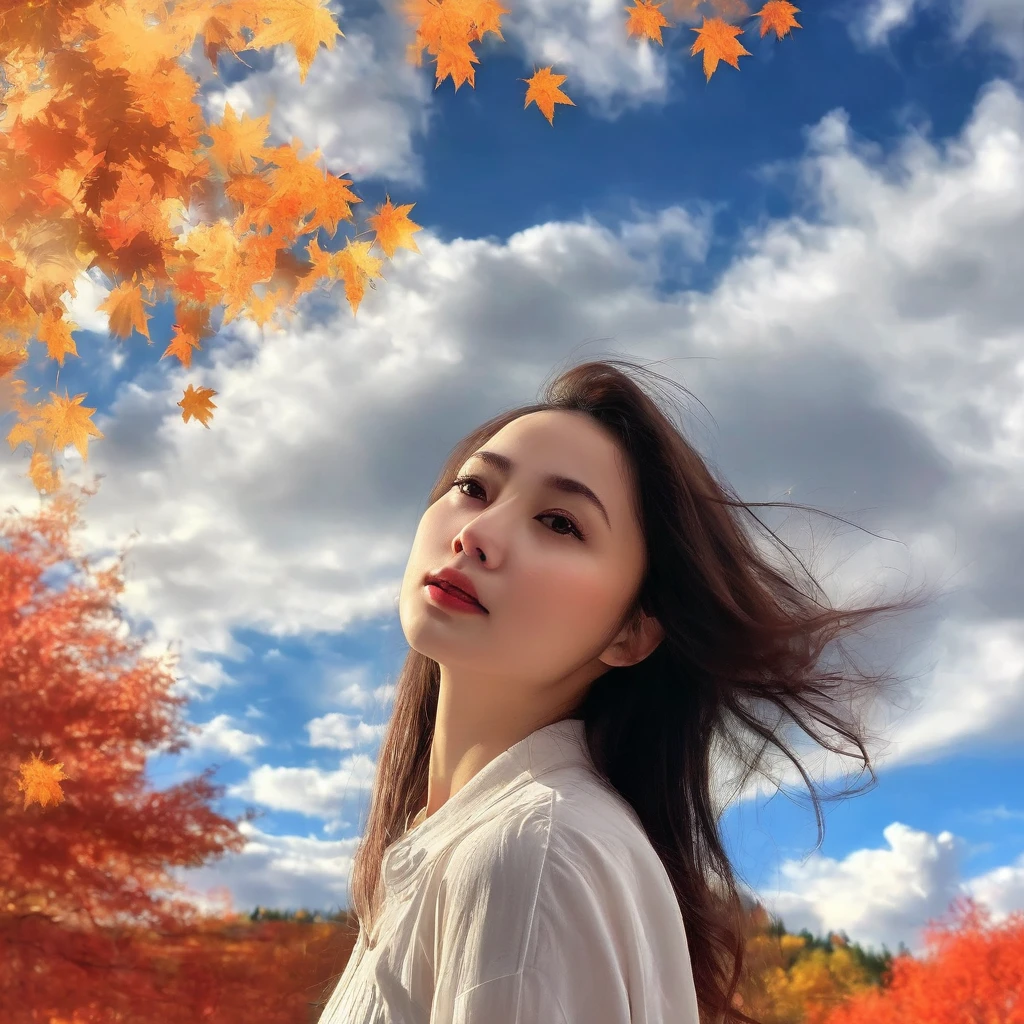 (masterpiece, best quality:1.2), 1girl, solo,Wallpaper, standing autumn, maple leaves, trees, sky, white clouds, HD detail, wet watermark, hyperdetail, film, surrealism, soft light, deep field focus bokeh, ray tracing, diffusion (ultra-fine glass reflection) and surrealism.