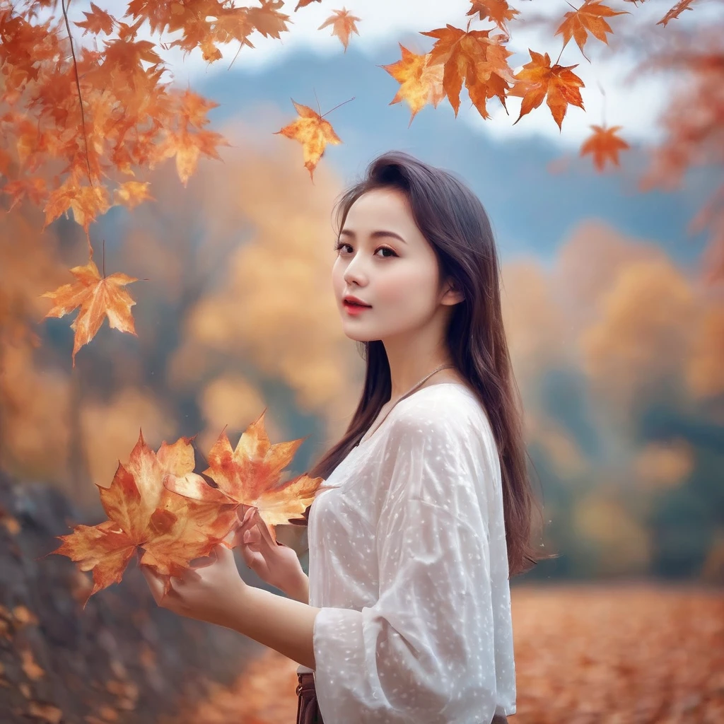 (masterpiece, best quality:1.2), 1girl, solo,Wallpaper, standing autumn, maple leaves, trees, sky, white clouds, HD detail, wet watermark, hyperdetail, film, surrealism, soft light, deep field focus bokeh, ray tracing, diffusion (ultra-fine glass reflection) and surrealism. 