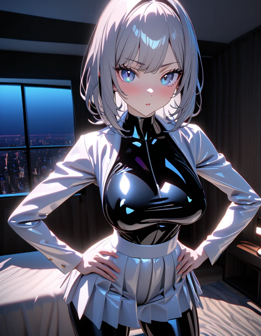 whole body,(Erection under clothes:1.3), bulge, penis bulge, (Big and thick penis:1.3),Big Breasts,1 girl, ((The girl is curvaceous and slim, Attractive and tall)), ((The girl has long silver hair)), ((Purple and blue eyes)), ((The girl is wearing a black latex shirt, White jacket, White Short Pleated Skirt, Black Stockings)), ((the girl is in the bedroom)), ((The girl is looking at the viewer, Severe, Hands on hips)), 8k, Ray Tracing, night, Zoom out