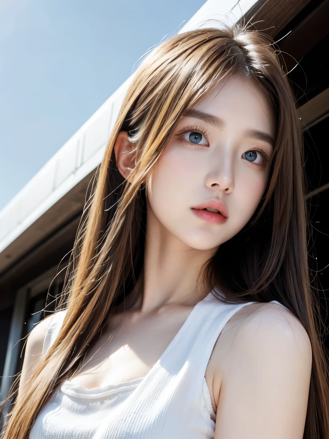 Highest quality, masterpiece,カラフルなhair, Golden Eyes,White clothes, look up, ,hair,White skin,
