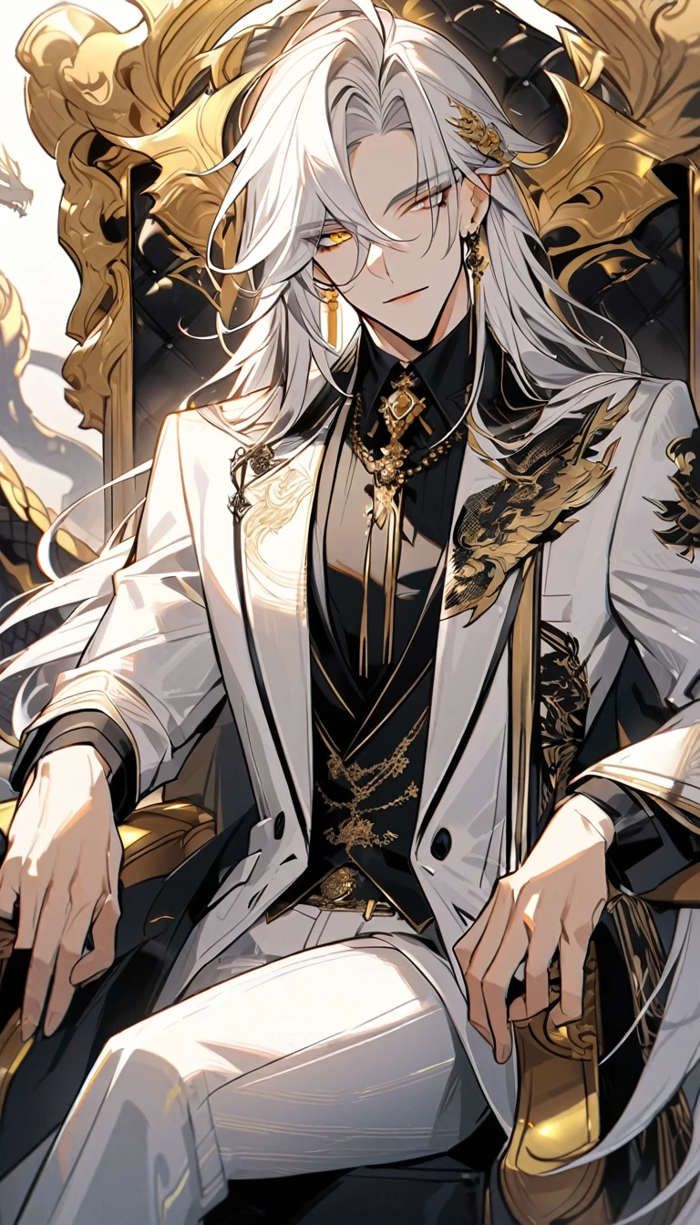 Handsome, solo, 1 male, long hair, white hair, yelow eye, wearing a black shirt, black and white suit, sitting on a golden chair with extremely beautiful and majestic dragon-engraved details.