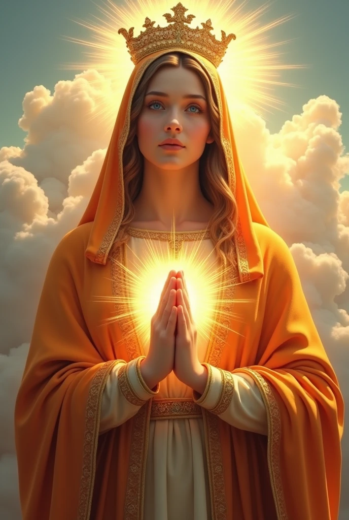 Perfect hand 5 finger, Portrait of a beautiful virgin mary wearing orange clothes of queen with the queen crown shining the light from her head and heart all over in the clouds, virgin mary, real blue eyes, sunny day, intricate details.real virgin mary, straight head face, Straight body.Prayer virgin mary, perfect full body, perfect hands finger,Prayer virgin mary, praying virgin mary backgrounds natural photographic