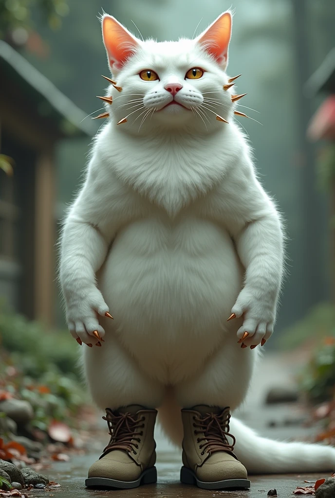 big white cat standing on its two legs with spikes on its face where its whiskers are with bullet cheeks on its chest crossed and with boots on its hind legs