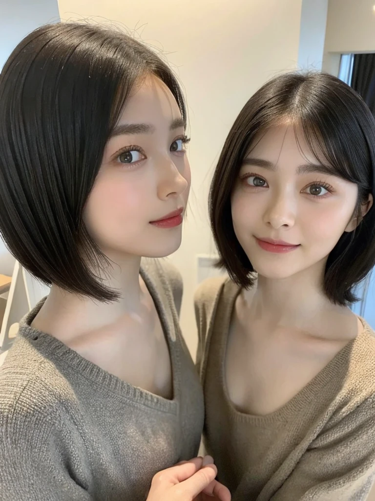 (masterpiece:1.3), (8k, Photoreal, Raw photo, best image quality: 1.4), Japanese high school girl、(random hairstyle:1.2)、cleavage:1.5、super detail face、eye for details、double eyelid、chest to chest、sharp focus:1.2、Beautiful woman:1.4、light brown hair、highest quality、masterpiece、超A high resolution、(Photoreal:1.4)、Highly detailed and professionally lit smiles、loose and light knitwear、shoulder out、thin、serious expression、short haired、deadly position
similar identical twins
All the girls have the exact same face, The two have the same face and figure, as if they were mirror images.