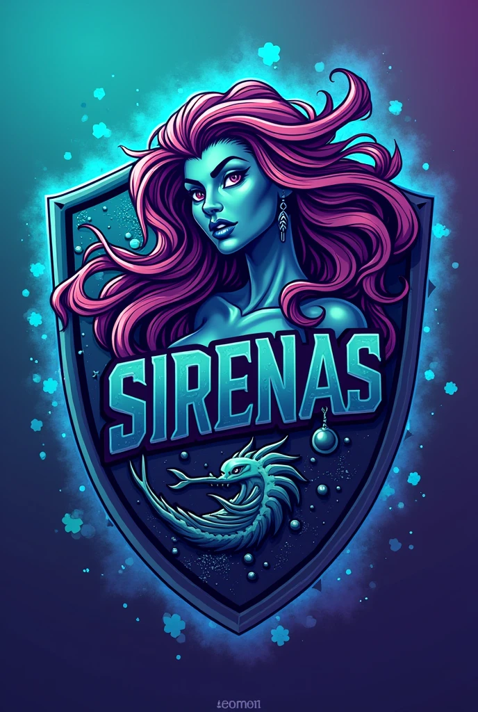 shield de equipo deportivo campamento con una sirena y que tenga escrito sirenas
que sea verde acua y morado (shield)