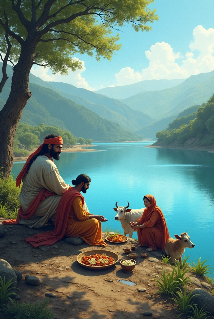 shivaji Maharaj sit in fram near this blue colour river, farmer couple arrenge to meal for Maharaj also cow and it's beby sitting near .