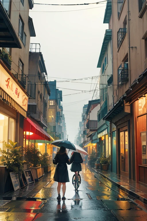 Photo of a cafe, wet street, buildings, busy street, cycle, garbage, nostalgia, ultra quality, hyper detailed,