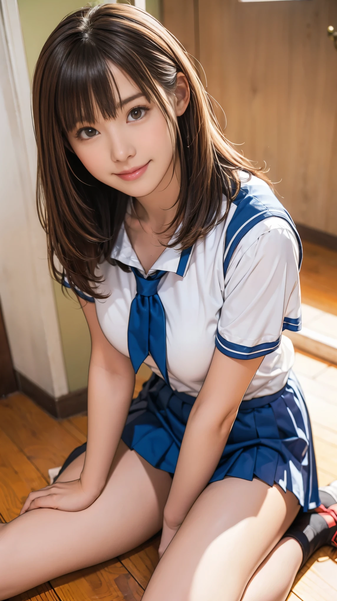 Look up at the camera from your feet:1.2、Shooting from a low angle:1.2,The best smile：1.5、Highest quality, High School Girl Uniform:1.5, Medium chest, Pleated skirt:1.5, Medium Curly Hair, Beautiful light brown hair, White blouse, Showing panties：1.2,