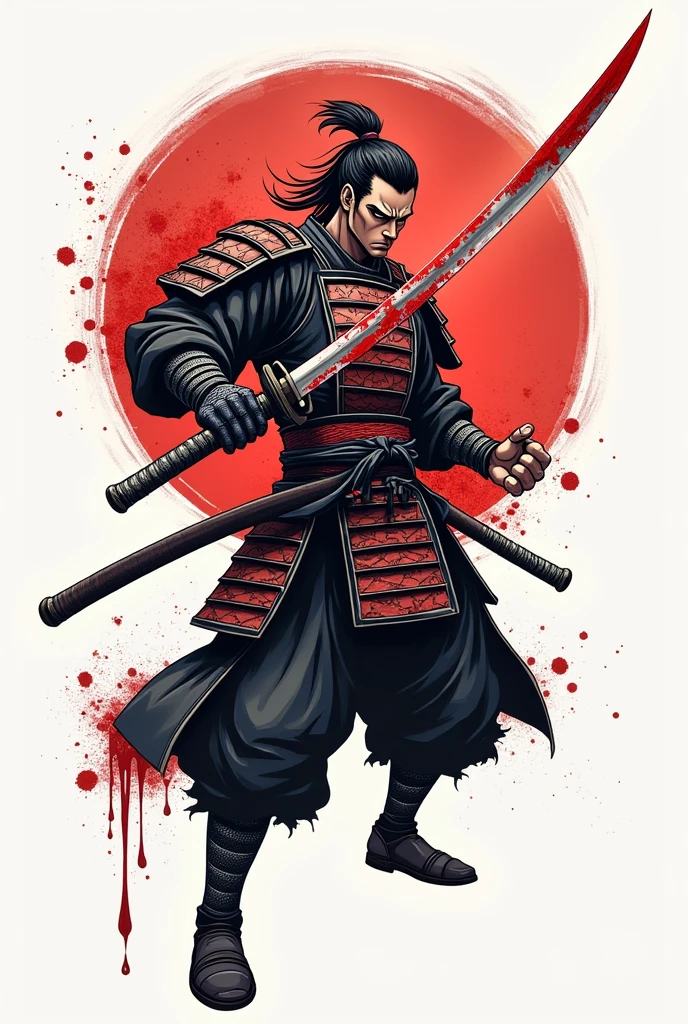 Samurai with a bloody katana for a Japanese style tattoo, and the image has a white background 
