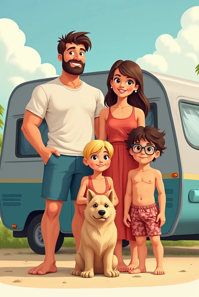 logo of a family of 5 with a dog in front of their caravan. The tall, dark-haired dad with a short beard dressed in shorts , the brown haired mom with bangs and tan who is dressed in a beach dress, un petit garçon de 7 ans blond en brosse avec des lunettes de vue et un short de bain  et une  fille de 4 ans blonde avec des tresses africaines qui porte une maillot de bain avec une bouée et un petit chien beige de race Spitz allemand