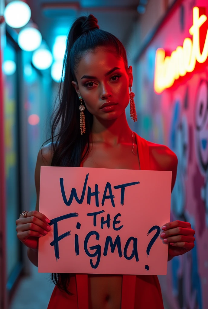 A colourful photo of superhot model holding a board written What the Figma text
