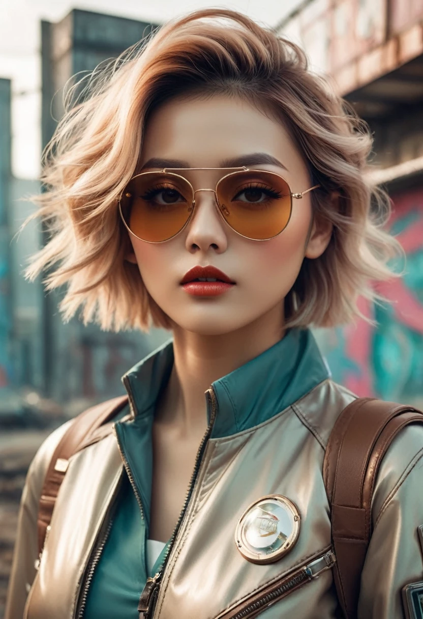 (best quality,4K,8K,masterpiece:1.2),Super Fine,(lifelike,Photorealism,照片lifelike度:1.37),In a foggy retro-futuristic landscape,Future retro female pilot。Her eyes are delicate,Long eyelashes make her more charming。Soft, Natural light illuminates her face,Highlight her expressive lips,A faint smile appeared at the corner of his mouth。She wears stylish retro aviator glasses,Windblown short hair,Confident Posture。The scenery around her is full of futuristic technology and nostalgic elements。Metal surface,Graffiti covered wall,Urban decay。Soft tones,Slightly brown,Add a vintage feel。Lighting is carefully designed,Professional style,Creating a sense of depth and realism。Clear focus reveals every intricate detail,Fusion of conceptual art and photography,Blending elements of futuristic fantasy with concrete aspects of reality。This combination produces a unique and fascinating visual experience。The overall tone is warm,Slightly rusty and bronze,Gives an old and nostalgic feel to artwork。Cue embodies the essence of retro-futuristic landscapes,Attention to detail、lifelike的渲染和艺术风格确保了一部视觉震撼和发人深省的masterpiece。