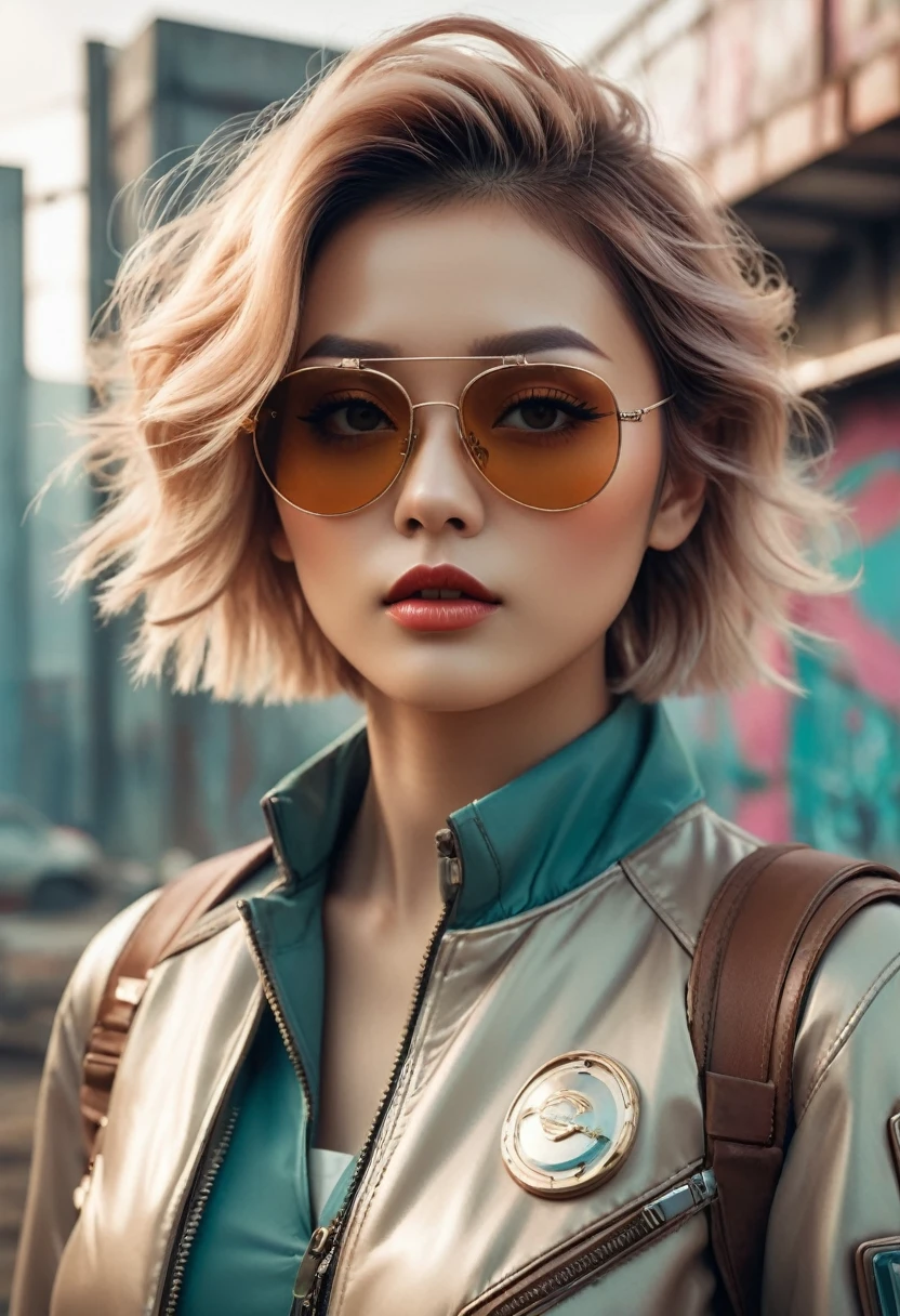 (best quality,4K,8K,masterpiece:1.2),Super Fine,(lifelike,Photorealism,照片lifelike度:1.37),In a foggy retro-futuristic landscape,Future retro female pilot。Her eyes are delicate,Long eyelashes make her more charming。Soft, Natural light illuminates her face,Highlight her expressive lips,A faint smile appeared at the corner of his mouth。She wears stylish retro aviator glasses,Windblown short hair,Confident Posture。The scenery around her is full of futuristic technology and nostalgic elements。Metal surface,Graffiti covered wall,Urban decay。Soft tones,Slightly brown,Add a vintage feel。Lighting is carefully designed,Professional style,Creating a sense of depth and realism。Clear focus reveals every intricate detail,Fusion of conceptual art and photography,Blending elements of futuristic fantasy with concrete aspects of reality。This combination produces a unique and fascinating visual experience。The overall tone is warm,Slightly rusty and bronze,Gives an old and nostalgic feel to artwork。Cue embodies the essence of retro-futuristic landscapes,Attention to detail、lifelike的渲染和艺术风格确保了一部视觉震撼和发人深省的masterpiece。