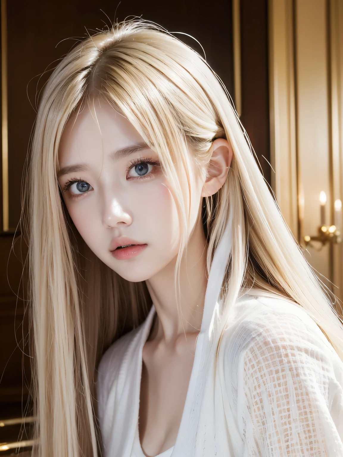 Highest quality, masterpiece,カラフルなhair, Golden Eyes,White clothes, look up, ,hair,White skin,