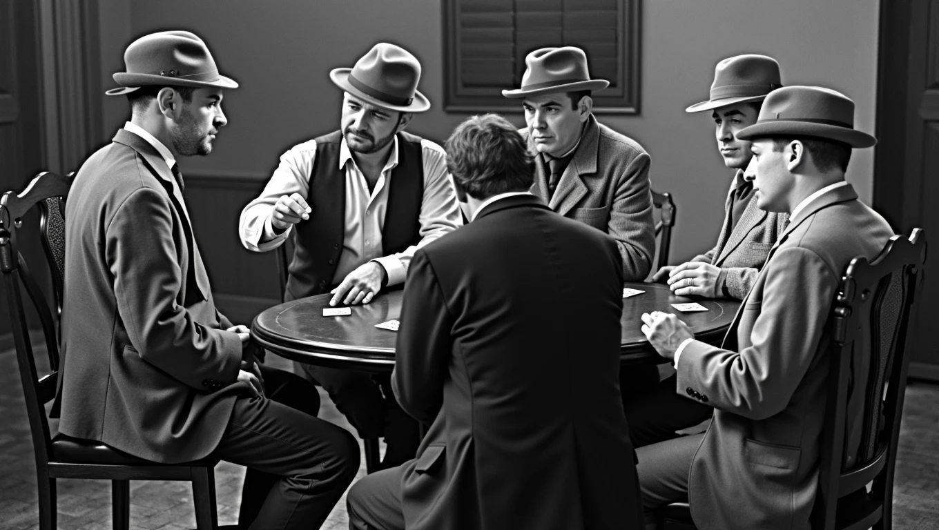 (La partie de cartes de Marcel Pagnol, quatres hommes avec des cartes dans les mains, ils sont assis à une table et ils jouent aux cartes), quatre hommes avec des chapeaux sur la tête, scène du vieux film Marius de Marcel Pagnol, Image d’un film français de 1950