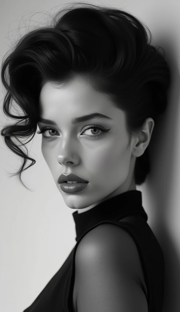 Beautiful, defined jawline, voluminous hair,( puffy lips:1.2), Thepit style, detailed, black and white photograph