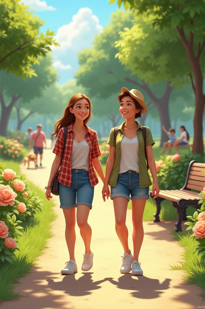 "Two friends walking together in a park on a sunny day. They are smiling and enjoying each other's company, surrounded by lush green trees and blooming flowers. The friends are dressed casually in summer outfits, and the park path is lined with benches and colorful flowers. The atmosphere is lively and cheerful, with other park-goers in the background, some walking their dogs or sitting on the grass."
