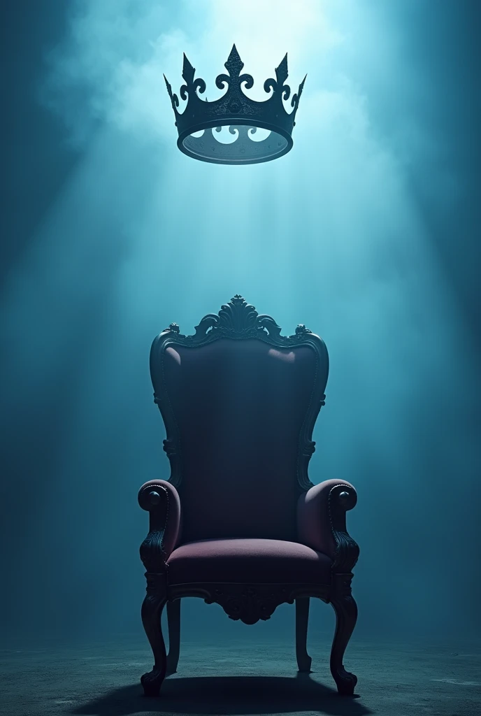 A royal chair with a crown in the air above and a blue foggy background