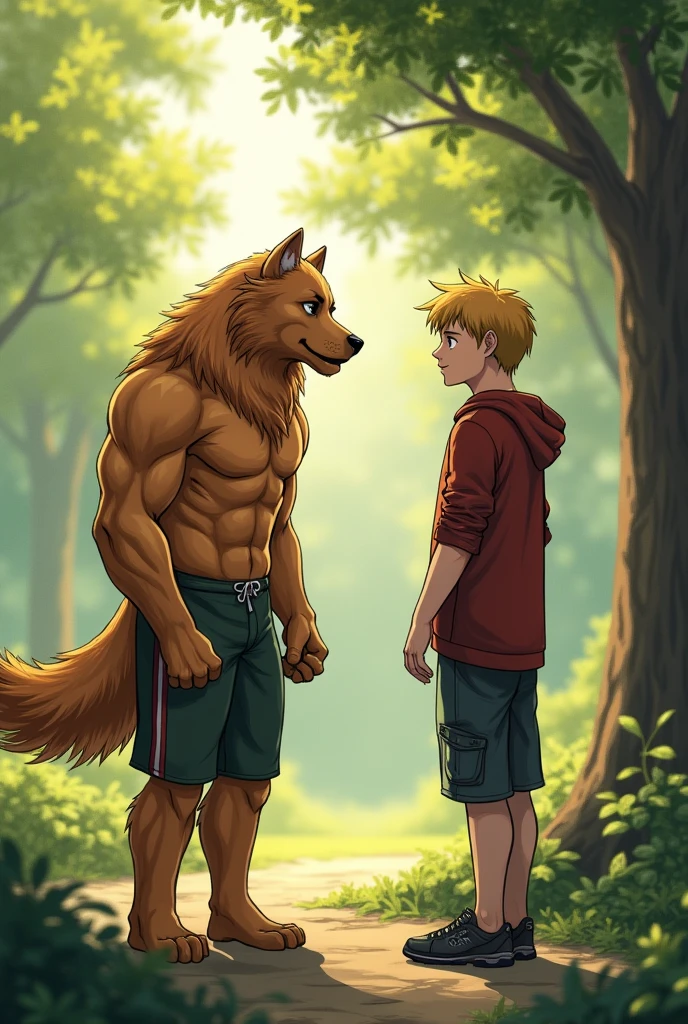 A role:A golden retriever orc is on the left side of the picture,The left ear is white,Muscular body,Very tall,Football clothing,Looks handsome、Mature,Aged 19。Second role:A human is on the right side of the picture,Much shorter than the golden-haired beastman,But he is an adult,Age at 25 years。Two characters looking at each other face to face。The scene is in the park。The painting style is that of a Chinese 2D artist。high quality。Refuse to be without clothes。