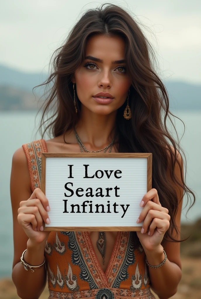 Beautiful girl with wavy long hair, bohemian dress, holding a white board with text "I Love Seaart Infinity" and showing it to the viewer