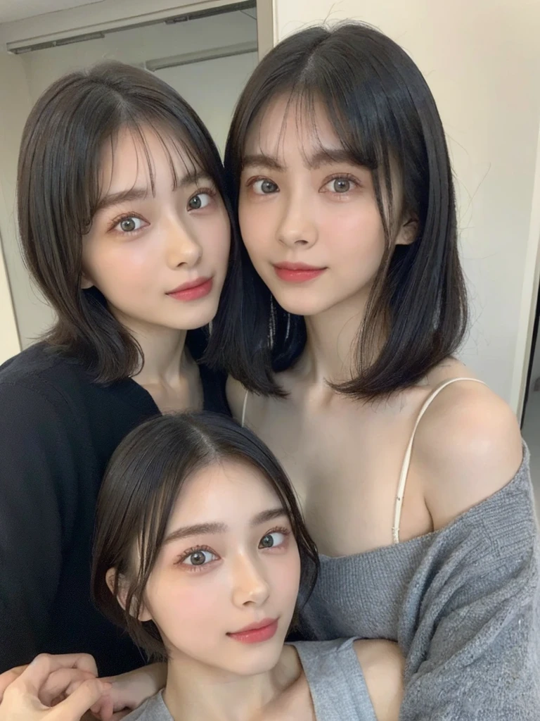 (masterpiece:1.3), (8k, Photoreal, Raw photo, best image quality: 1.4), Japanese high school girl、(random hairstyle:1.2)、cleavage:1.5、super detail face、eye for details、double eyelid、chest to chest、sharp focus:1.2、Beautiful woman:1.4、light brown hair、highest quality、masterpiece、超A high resolution、(Photoreal:1.4)、Highly detailed and professionally lit smiles、loose and light knitwear、shoulder out、thin、serious expression、short haired、deadly position
similar identical twins
All the girls have the exact same face, The two have the same face and figure, as if they were mirror images.