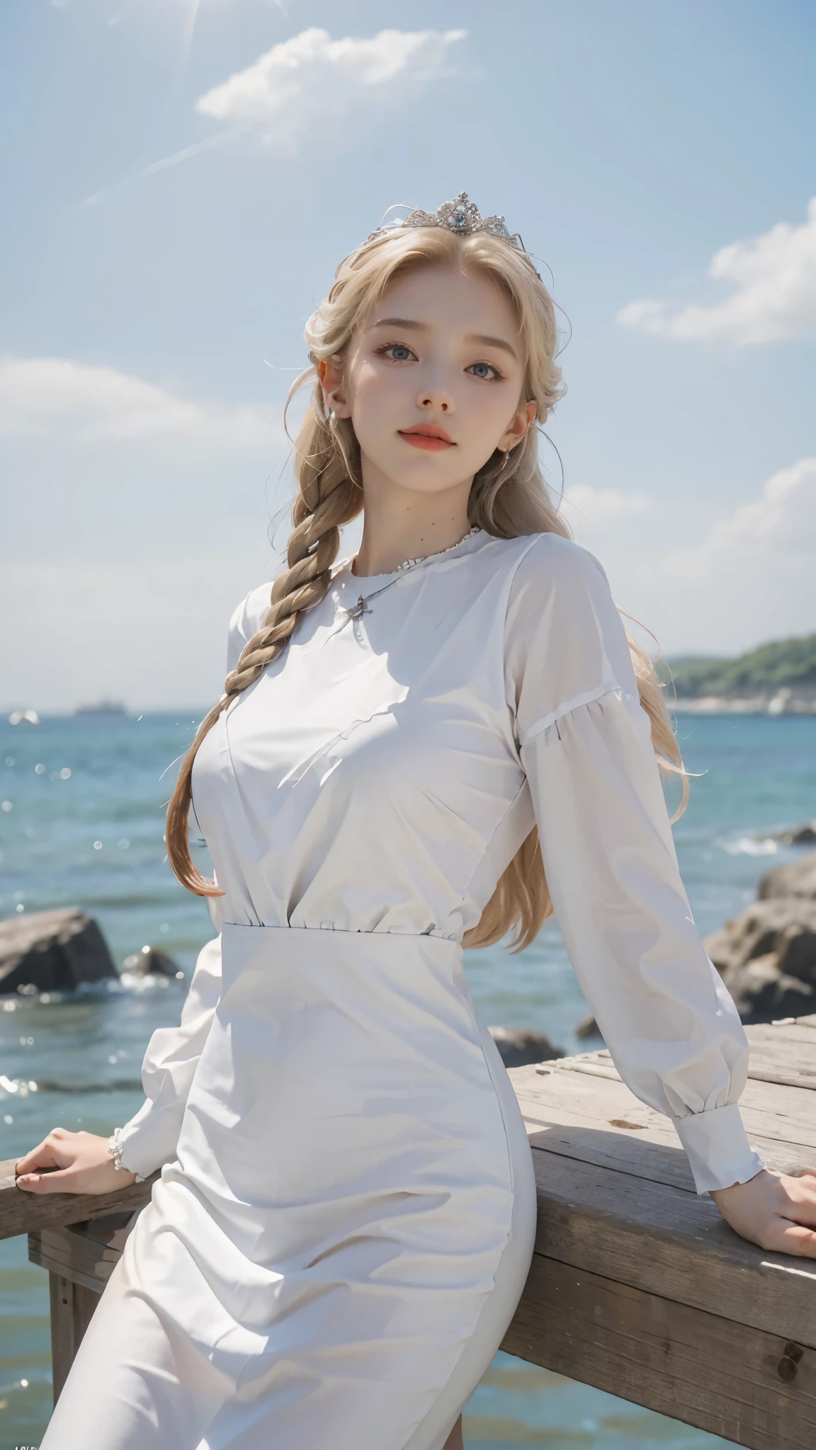 ,((Best quality))),8k,((Masterpiece)),(Extremely refined and beautiful), there is a girl coming out of the sea, a swan princess in Russian mythology, beautiful calm face, blue eyes, long blonde hair braided, the moon braided hair on the back of the head, white old Russian shiny clothes with a Kokoshnik crown on his head, affectionate eyes, half a smile, a gentle expression on his face, seascape and sunlight in the background, seagulls in the sky, full length, realism