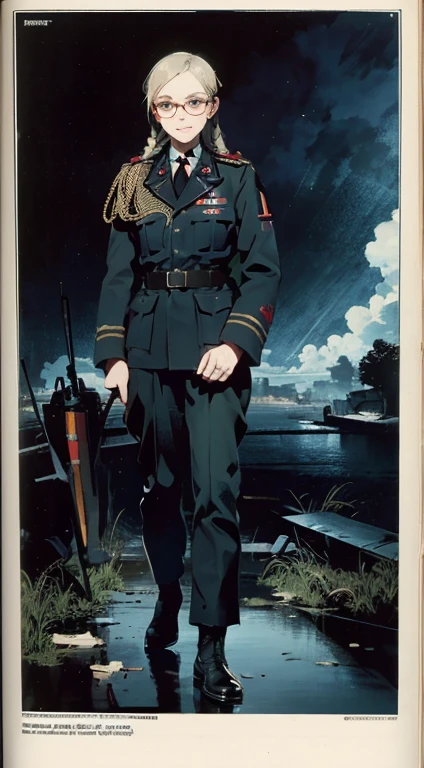 (hard disk, sharp, fractals),(8K resolution), actionpose、ww1ger、(comic book style),(Lola:Bad image:1.0),(Lola:add more details:1.2 ),、Detailed and complex、intricate-detail、high intricate detailed、absurd amount of details、((looking at the viewers))、 A detailed face, 1girl in_solo, Imperial German Army Uniform、Mechanical weapons、Battlefield Background　torn frayed tattered socks, sitting, wariza, leaning forward, ruins, crumbling world, storm, black hole, puddle, sharp focus, looking at viewer, (intricate:1.1), (dark blue theme:1.1), (dark blue tone:1.1), (grey tone:1.1), illustration, (anime coloring:1.1), modest, remote shooting, detailed beautiful delicate face, Detailed beautiful delicate eyes, perfect facial proportions, High definition skin, thin skin, best four inch aspect ratio. With a thumb, a masterpiece, highy detailed, Realistic, (German World War II general uniform reference : 1.8), the highest facial resolution, , mulher modestmente vestida, fully dressed, ( mic, blackquality hair, black bangs straight, super thin braids, bangs straight, Red glasses, dark green eye, science fiction, Fighter aircraft, standing On the landing of a Fighter aircraft, the agency, a deeply intelligent personality, A calm expression, a respectful face, a war, a Fighter aircraft　BIGHIP　bigass　FUCKOFF　FUCKFUCKFUCK