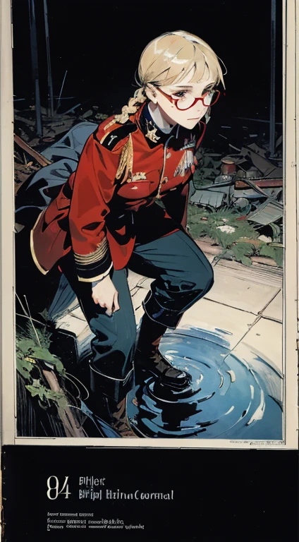(hard disk, sharp, fractals),(8K resolution), actionpose、ww1ger、(comic book style),(Lola:Bad image:1.0),(Lola:add more details:1.2 ),、Detailed and complex、intricate-detail、high intricate detailed、absurd amount of details、((looking at the viewers))、 A detailed face, 1girl in_solo, Imperial German Army Uniform、Mechanical weapons、Battlefield Background　torn frayed tattered socks, sitting, wariza, leaning forward, ruins, crumbling world, storm, black hole, puddle, sharp focus, looking at viewer, (intricate:1.1), (dark blue theme:1.1), (dark blue tone:1.1), (grey tone:1.1), illustration, (anime coloring:1.1), modest, remote shooting, detailed beautiful delicate face, Detailed beautiful delicate eyes, perfect facial proportions, High definition skin, thin skin, best four inch aspect ratio. With a thumb, a masterpiece, highy detailed, Realistic, (German World War II general uniform reference : 1.8), the highest facial resolution, , mulher modestmente vestida, fully dressed, ( mic, blackquality hair, black bangs straight, super thin braids, bangs straight, Red glasses, dark green eye, science fiction, Fighter aircraft, standing On the landing of a Fighter aircraft, the agency, a deeply intelligent personality, A calm expression, a respectful face, a war, a Fighter aircraft　BIGHIP　bigass　FUCKOFF　FUCKFUCKFUCK