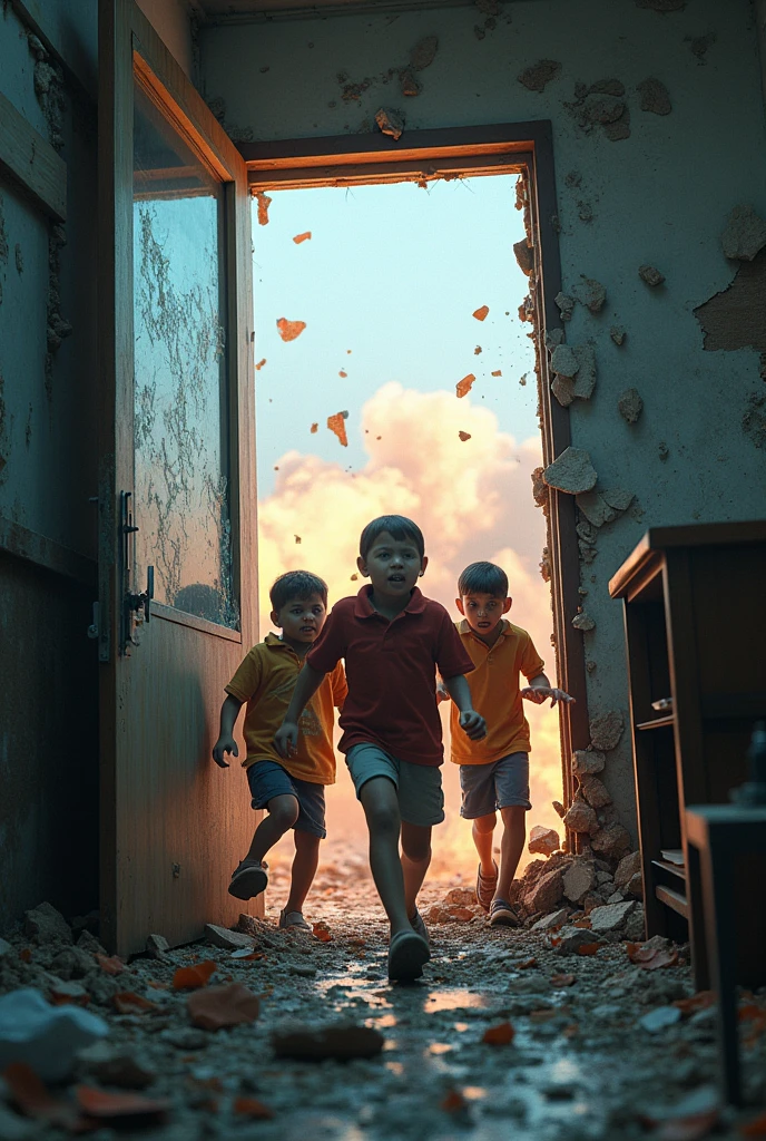 Flashback to the Explosion:
A chaotic scene in a modern science lab in Mumbai just as a massive explosion occurs. The walls are shattered, and debris is flying everywhere. In the foreground, a group of frightened children, about to escape through a broken window, can be seen. The expressions on their faces show a mix of fear and determination as they make their escape amidst the chaos.