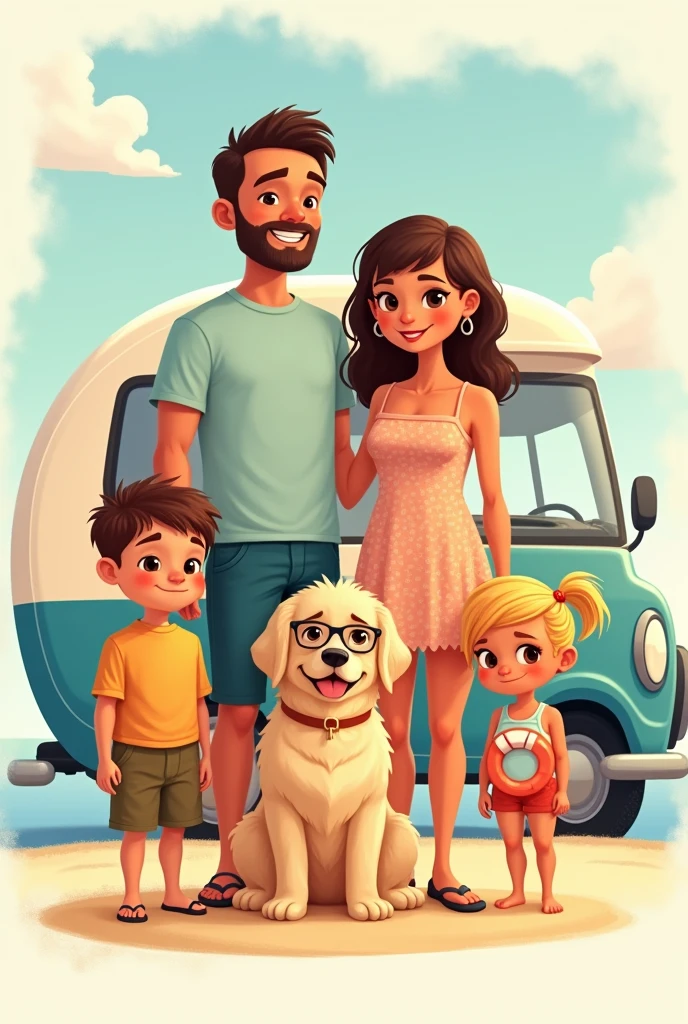 logo of a family of 5 with a dog in front of their caravan. The tall, dark-haired dad with a short beard dressed in shorts , the brown haired mom with bangs and tan who is dressed in a beach dress, un petit garçon de 7 ans cheveux blonds en brosse avec des lunettes de vue et un short de bain et une fille de 4 ans blonde avec des tresses africaines qui porte une maillot de bain avec une bouée et un petit chien beige de race Spitz allemand