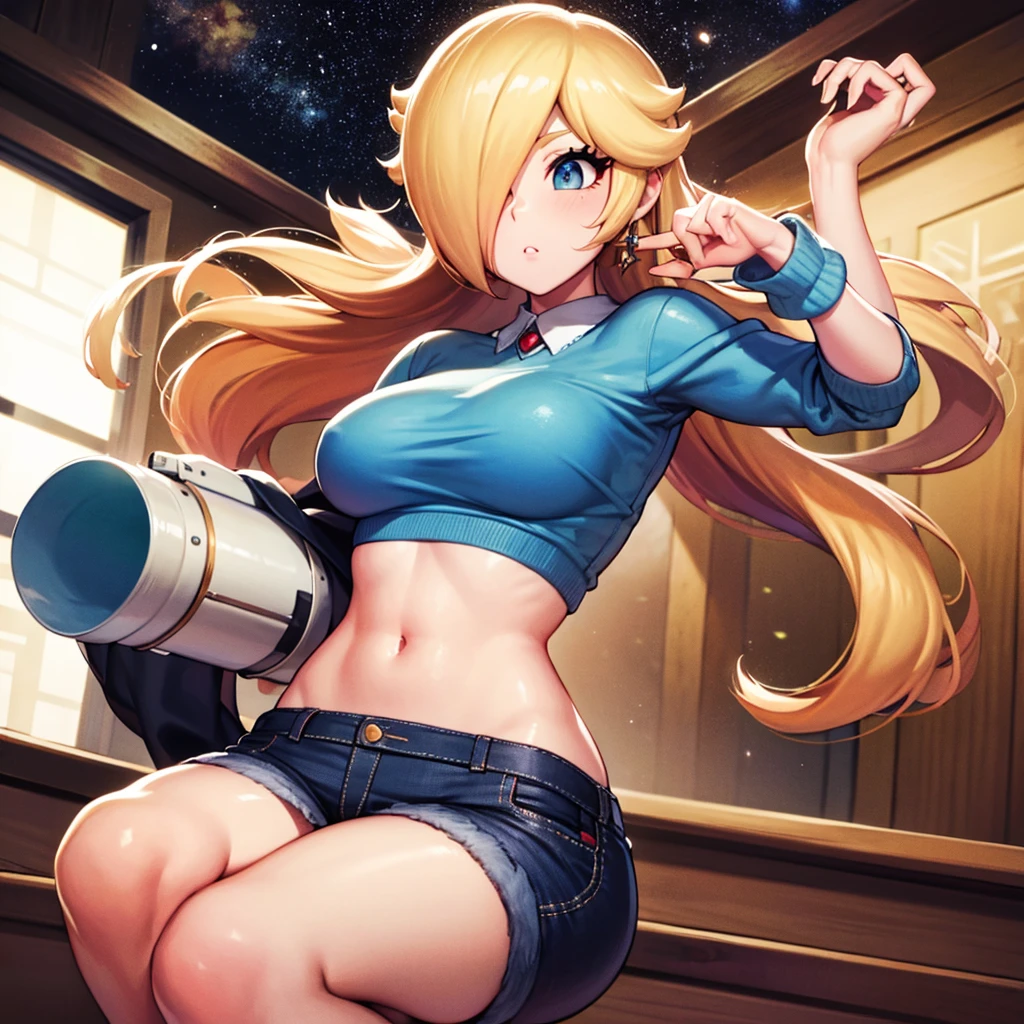 score_9,score_8_up,score_7_up,score_6_up,score_5_up,score_4_up BREAK skinny,medium breasts,sleeves,indoors,shiny skin,indoors,light particles,princess rosalina,space, denim skirt, blue sweater,