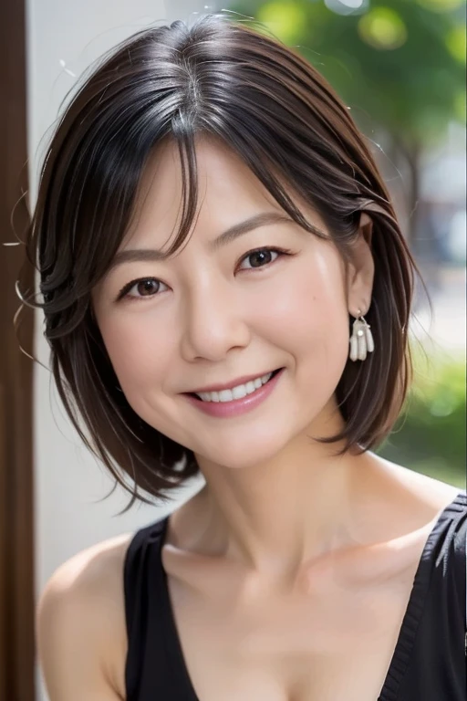 (In 8K, Highest quality, masterpiece:1.2), (Realistic, Photorealistic:1.37), Natural light, Mid-chest, Cleavageが見える, 1 person, 50-year-old woman, Black Hair, short hair, Look up at the viewer from below, Cleavage, Black sleeveless, (Puff out your cheeks:1.5), Highly detailed face and skin, Detailed eyes, Highly detailed tooth alignment, Highly detailed smiles and skin textures、Very cute smile
