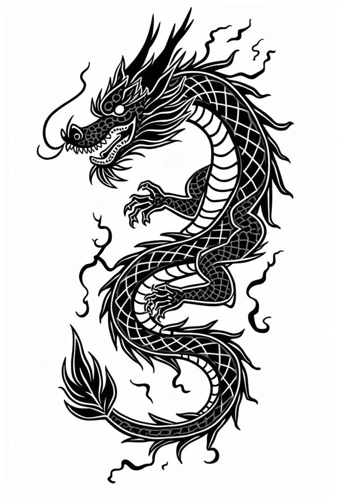 Dragon in black lines for a Japanese style tattoo, and the image has a white background