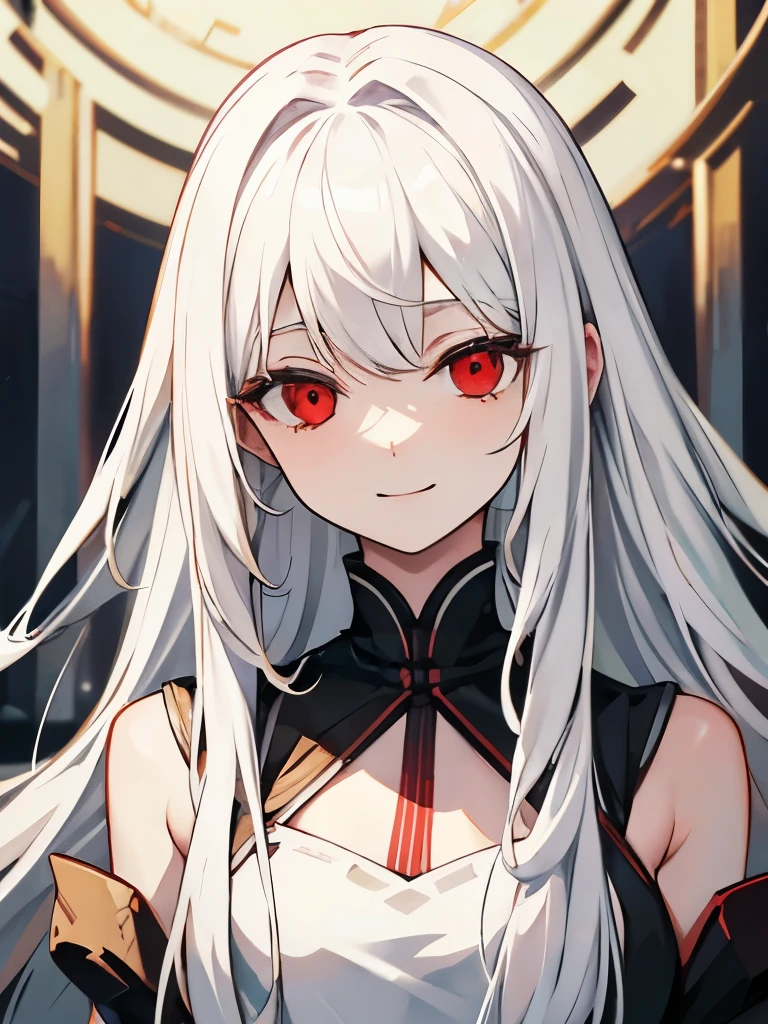 solo female,white hair long hair,pure white dress,stocky body,smiling creepy,Blurry eyes,masterpiece, best quality,creepy face,Red eyes,dead eyes,