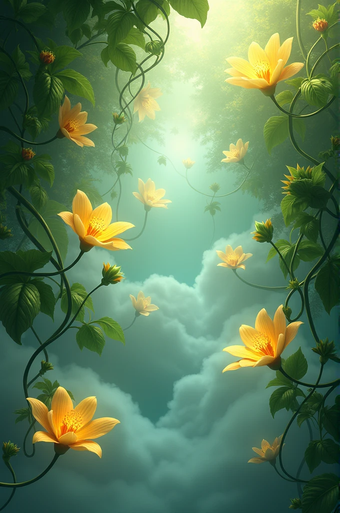 Lianas with some flowers that shine yellow, falling between clouds