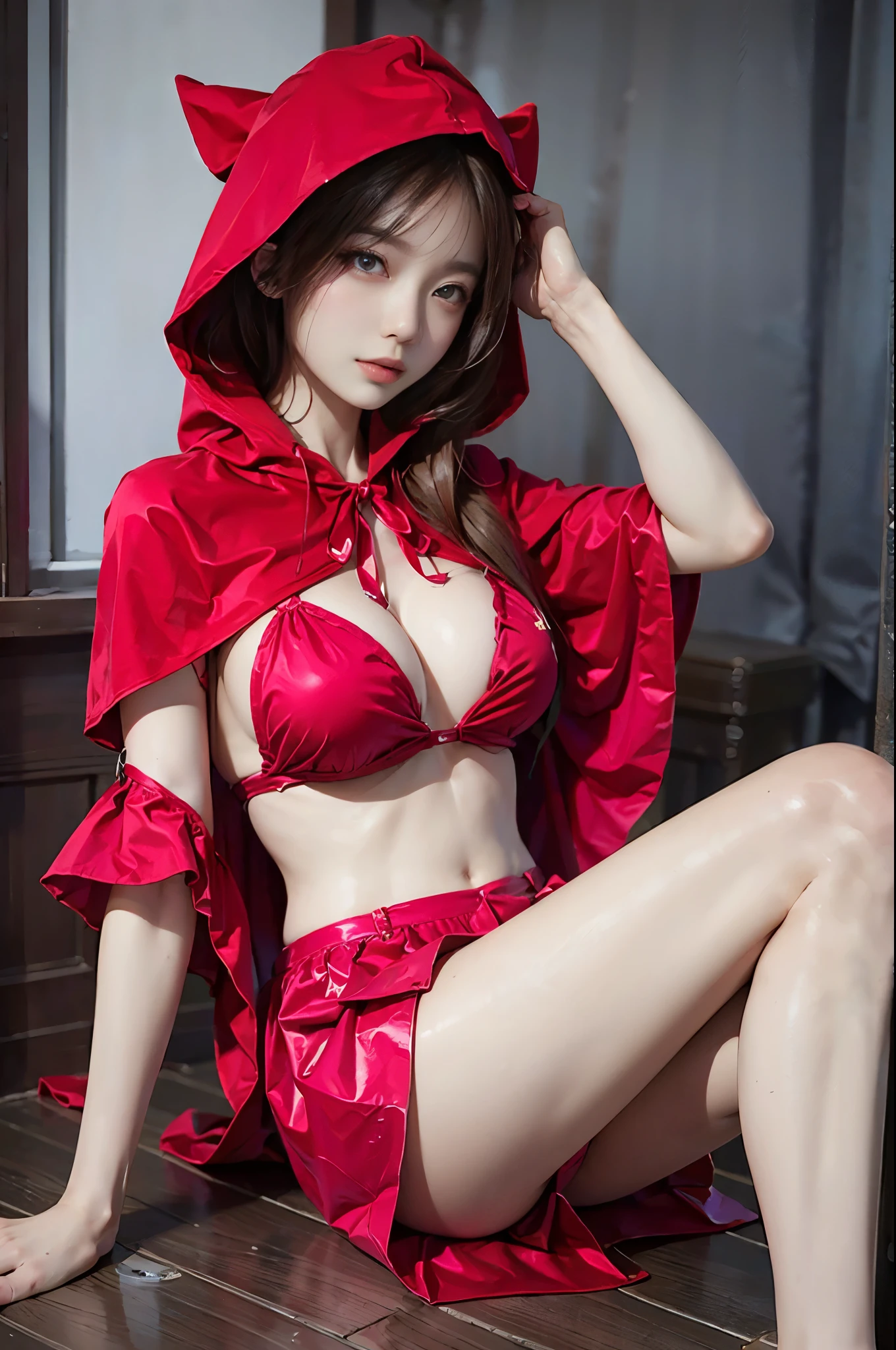 rebellion, red skirt, medium breasts, red hooded capelet, bandage, BDSM,coverednipples, (best quality, masterpiece:1.2), tianfeng1, tutuzz, Extremely detailed, (Practical:1.37), beautiful, youth, Glamorous model, Warm colors, ((A full body perspective，Naturally bent knees，Skin is firm and smooth)), ((In the old-fashioned room，Sitting on a low bed，Lean back，Support your body with your elbows)), ((Elegant and natural posture)), (big eyes, Delicate eyes, Delicate lips, Delicate eyes), Available in white with floral pattern, Show a bright smile, fit, Full breasts, ((Big breasts)), Long legs, Create a stunning picture of a girl enjoying her sleep