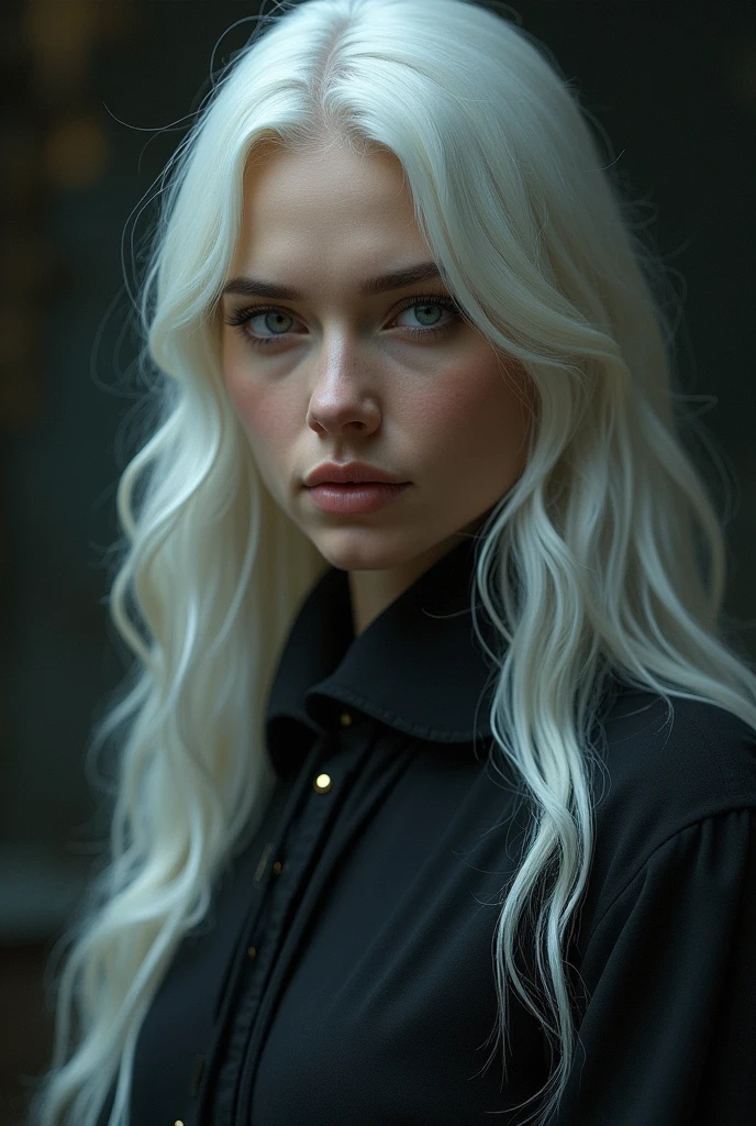 Face impression(front focus), (in the dark:1.6), Hyperrealist portrait of female by david hockney and alphonse mucha, fantasy art, photo realistic, dynamic lighting, artstation, poster, volumetric lighting, very detailed faces, 4 k, award winning, 1girl, in the dark, deep shadow, low key, cowboy shot, (official clothing:1.4), long hair, white hair