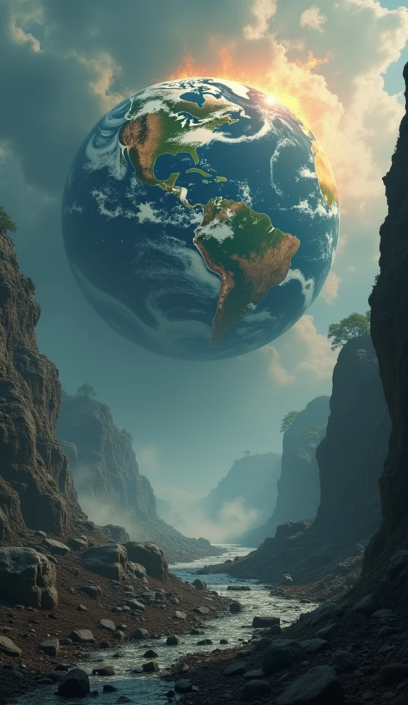 Depict a devastated Earth with massive destruction: crumbling cities, extreme weather events, and landscapes torn apart by natural disasters. Show the planet in turmoil, highlighting the severe and widespread damage.