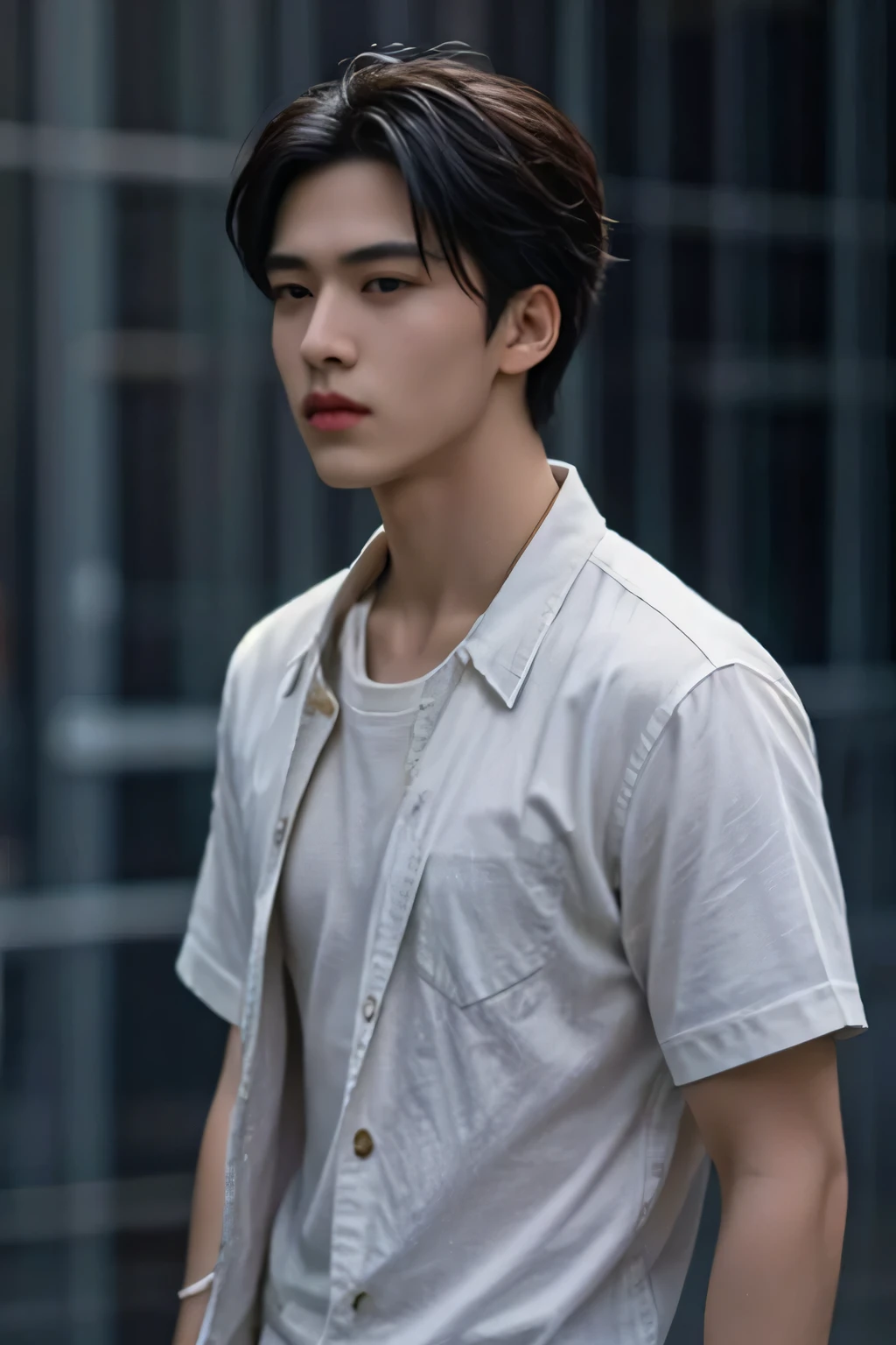 (masterpiece:1.21),(bestquality:1.21),8k,high detailed,ultra-detailed,photography,award winning,documentary,realistic,crystal clear,8K UHD,high detail,ultra-realistic,1boy,solo,male focus,slim asian male,tall,thin,black eyes,solid eyes,thick eyebrows,Real Skin Texture,Textured Male Haircut,(wearing fashion male clothing:1.44),portrait,Gloom,