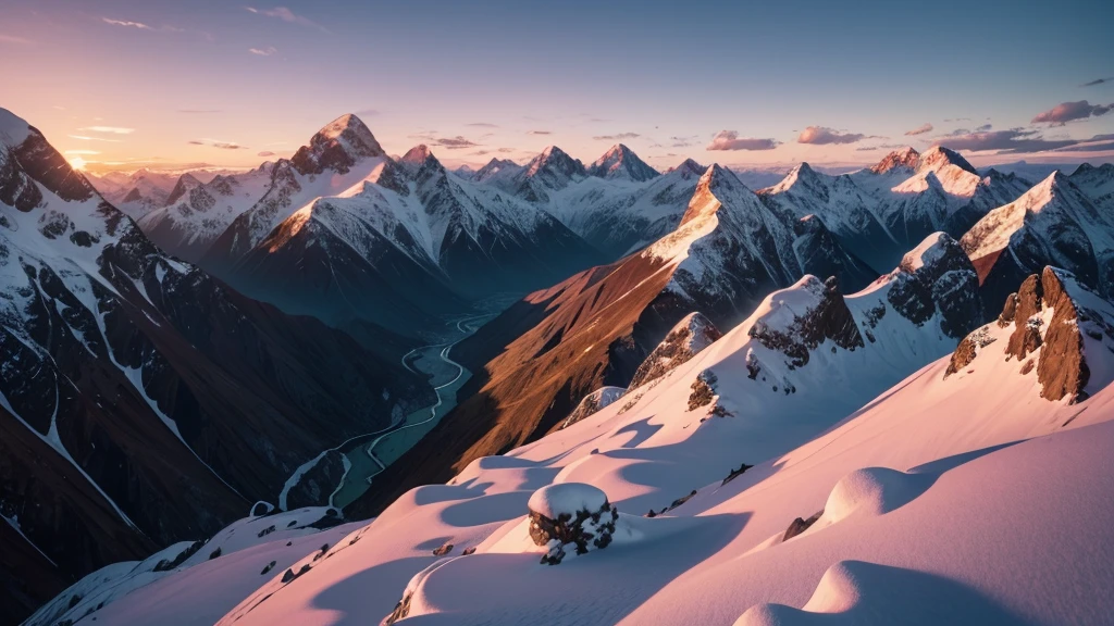A breathtaking landscape of the Andes Mountains during sunrise. The scene includes towering snow-capped peaks, steep rocky cliffs, and lush green valleys. The sky is painted with warm hues of orange, pink, and purple as the first light of the day illuminates the mountains. In the foreground, a winding river reflects the colors of the sky, and a few scattered clouds hover around the mountain peaks, adding depth to the scene