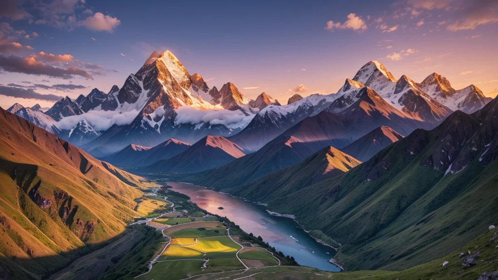 A breathtaking landscape of the Andes Mountains during sunrise. The scene includes towering snow-capped peaks, steep rocky cliffs, and lush green valleys. The sky is painted with warm hues of orange, pink, and purple as the first light of the day illuminates the mountains. In the foreground, a winding river reflects the colors of the sky, and a few scattered clouds hover around the mountain peaks, adding depth to the scene